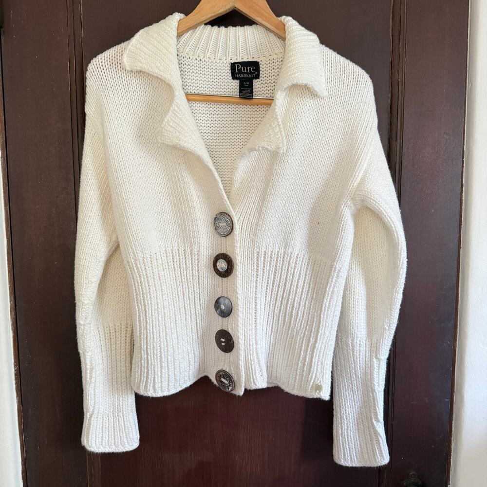 PURE Handknit Cream Chunky Knit 100% Cotton Cardigan funky buttons Small Medium